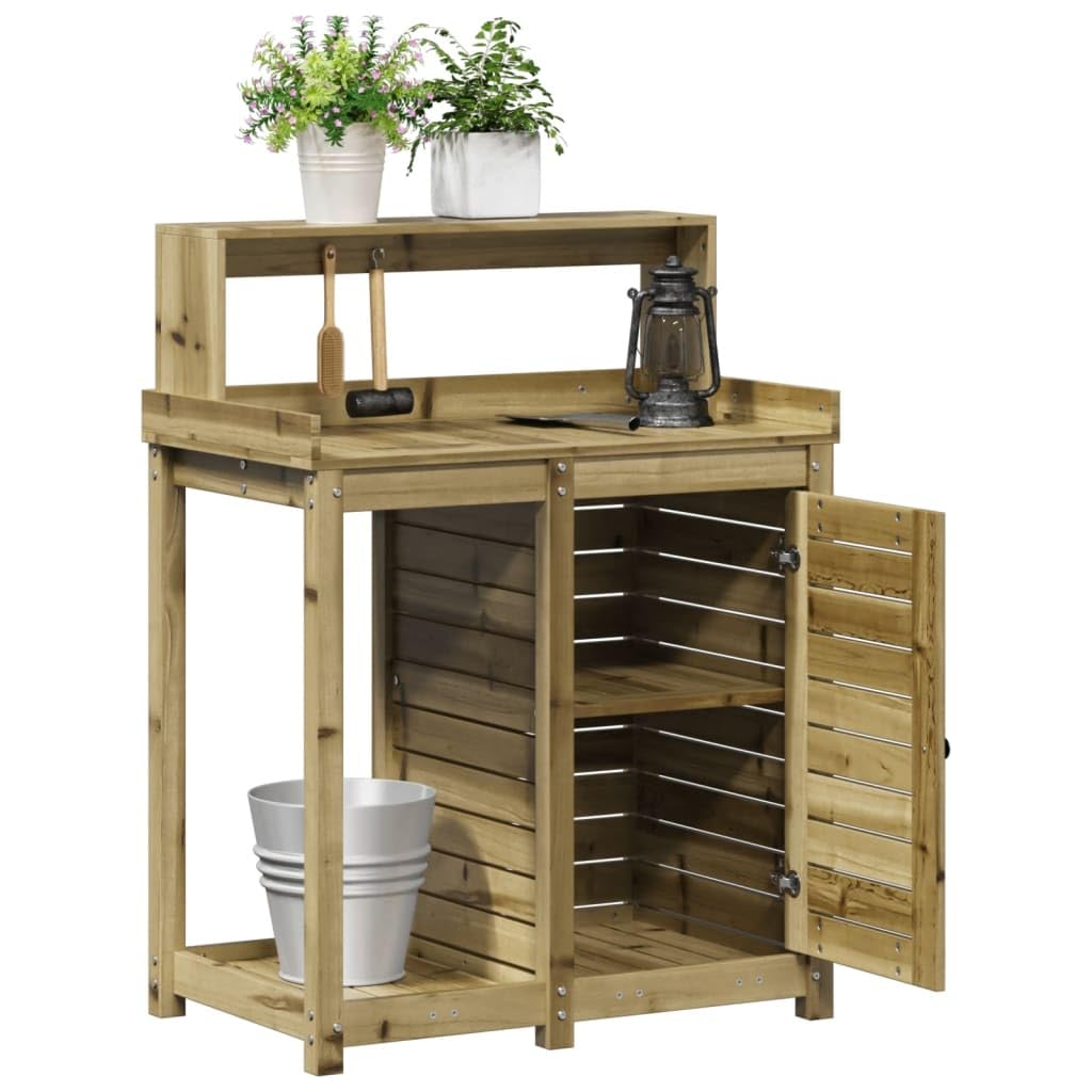 Gecheer Tavolo Invaso con Ripiani e Armadietto,Tavolo da Lavoro per Giardino,Tavolo per Piante,Banco da Lavoro da Giardino,Tavolo Invasatura,Banco da invasatura,82,5x50x109,5cm Legno Impregnato Pino