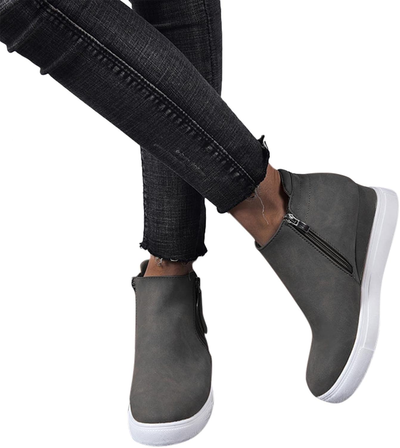 Hbeylia Wedge Platform Boots For Women Fashion Casual Leather Round Toe Chunky Bottom High Heels Ankle Booties With Side Zipper High Top Fashion Sneakers Dress Short Boots For Christmas Decoration