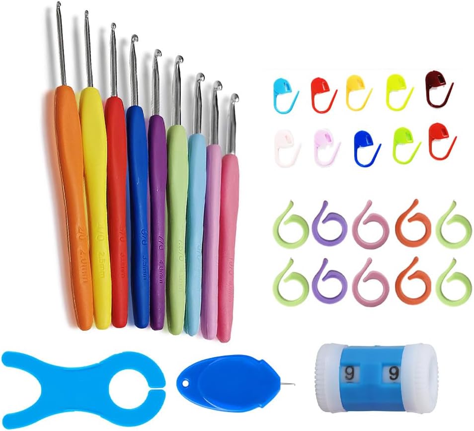 9PCs Soft Rubber Handle Aluminum Hook Crochet Hooks Template Kit TPR Knitting Needles for Loom Tool Band DIY Crafts