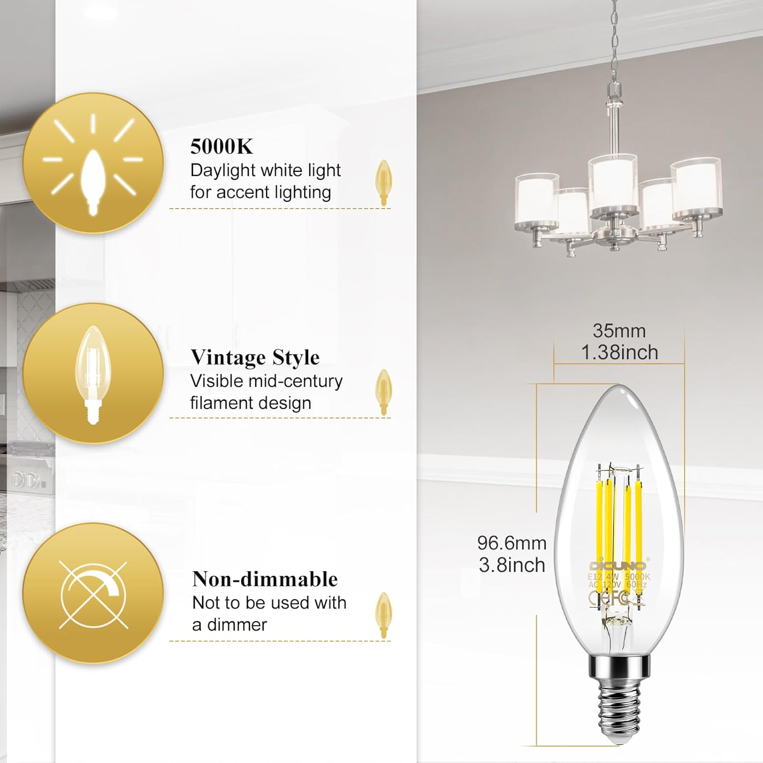 DiCUNO E12 Candelabra LED Bulb 40 Watt Equivalent, 550Lumen, Daylight White 5000K, 4W B11 Clear LED Filament Candle Light, Non-dimmable, Edison Bulb for Ceiling Fan, Chandelie Lightr, Pack of 6