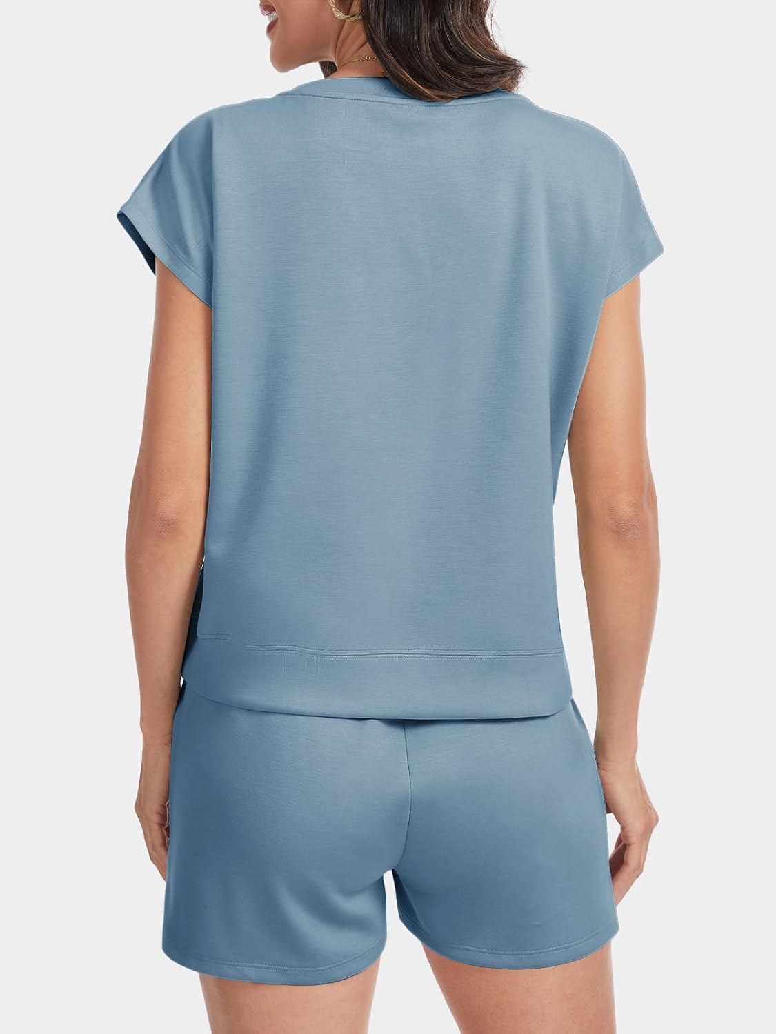 2 Piece Sets for Women Summer Outfits Lounge Sets Crew Neck Short Sets Cap Sleeve Drawstring Sweatsuit with Pocket
