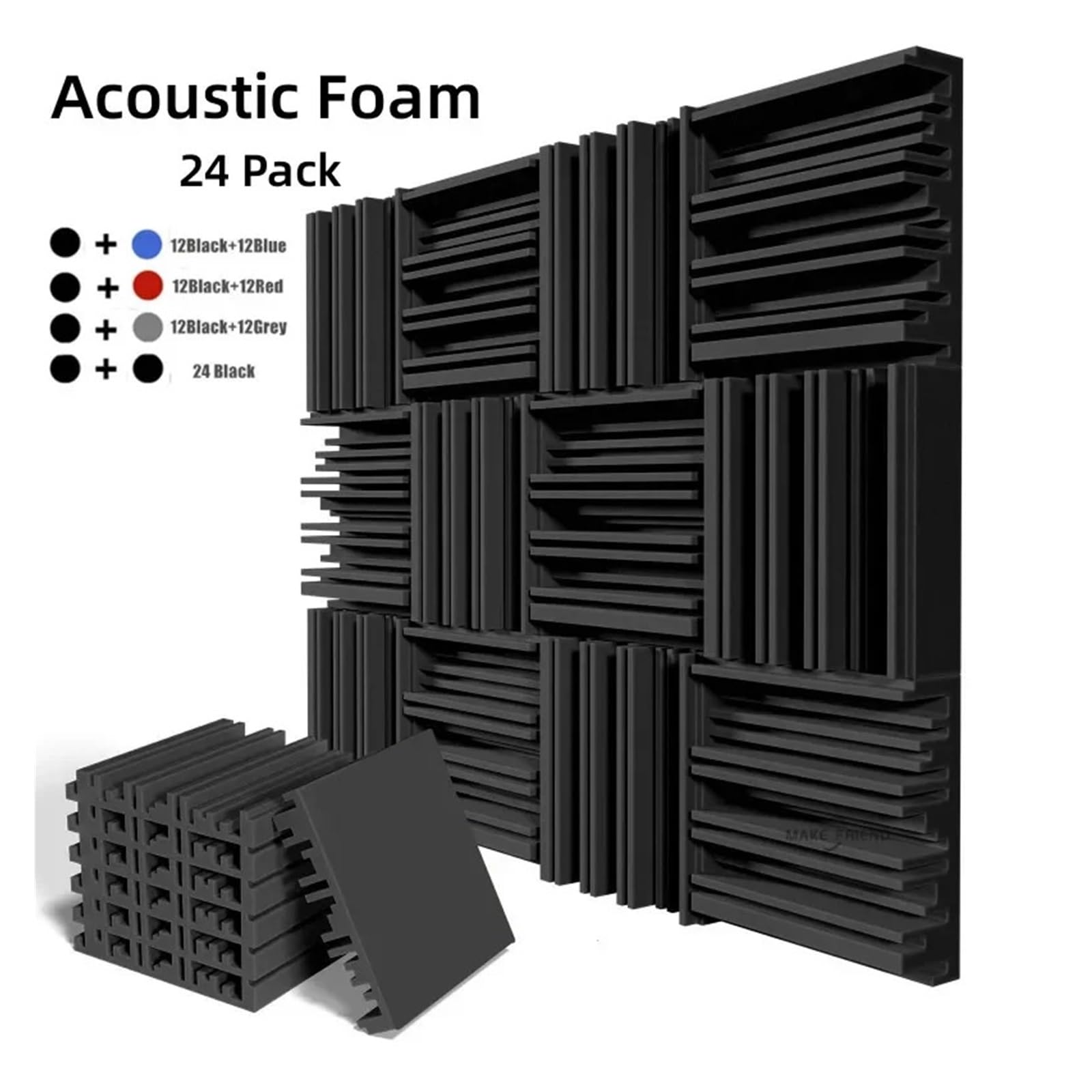 Espuma Acustica 24 paneles de espuma acústica estudio 25 x 5 cm con aislamiento acústico, 12 negros y grises(24Grey)