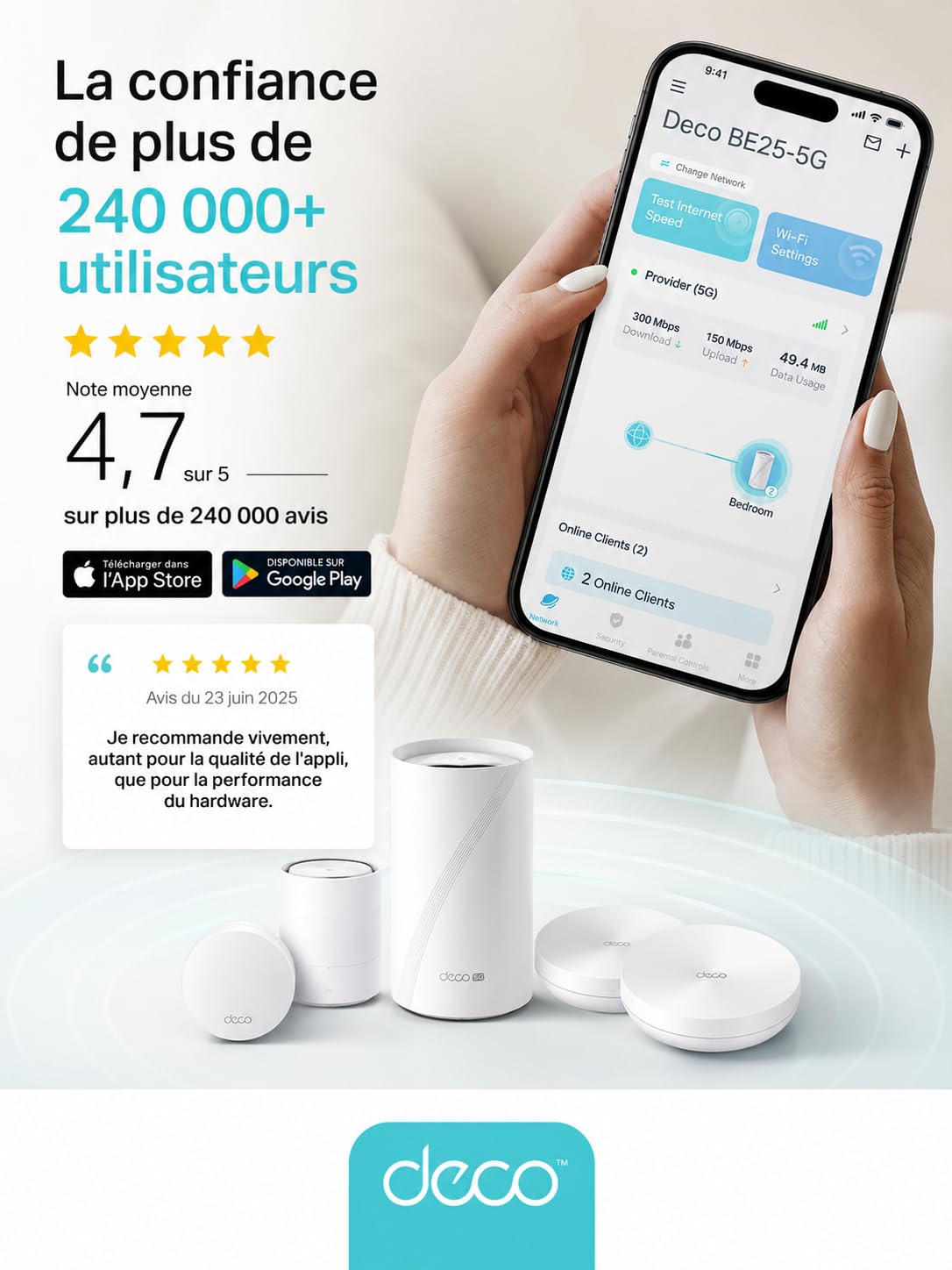 TP-Link Deco Routeur 5G Mesh WiFi 7 jusqu'à 3,6 Gbit/s, Deco BE25-5G | Nano SIM 5G, port 2,5G, réseau Deco Mesh, idéal sans box fibre, résidence secondaire ou télétravail