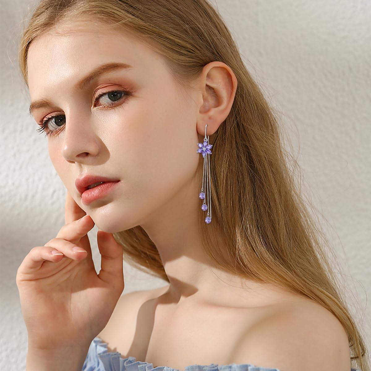 Sterling Silver Threader Earrings with Crystal Cubic Zirconia Flower Star Heart Butterfly Tassel Long Charm Drop Dangle Earrings Jewelry Gifts for Women Girls - Image 4