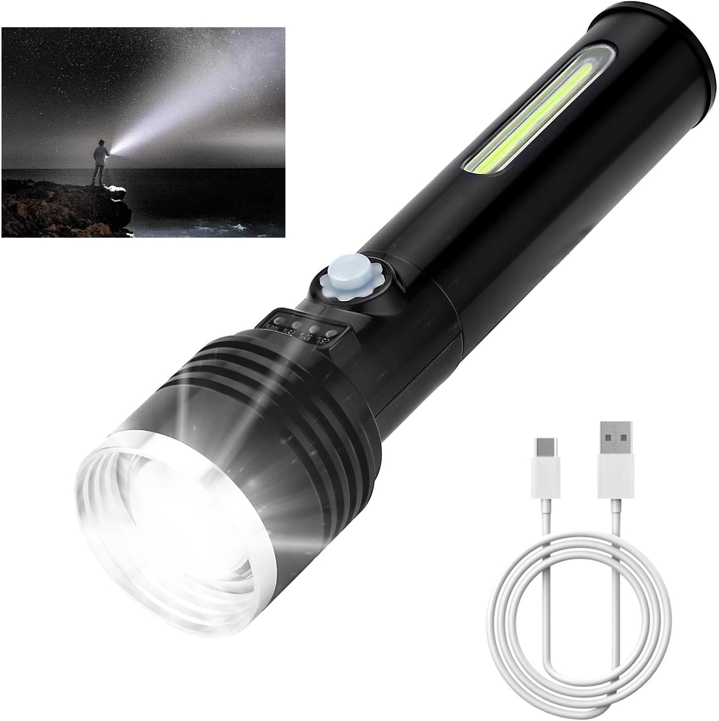 Rechargeable LED Flashlight with High Lumen, 4 Modes, Zoomable Beam Bright Flash Light with USB Charging Waterproof Zoomable Magnetic Flashlight for Home Camping Outdoor Emergency Use