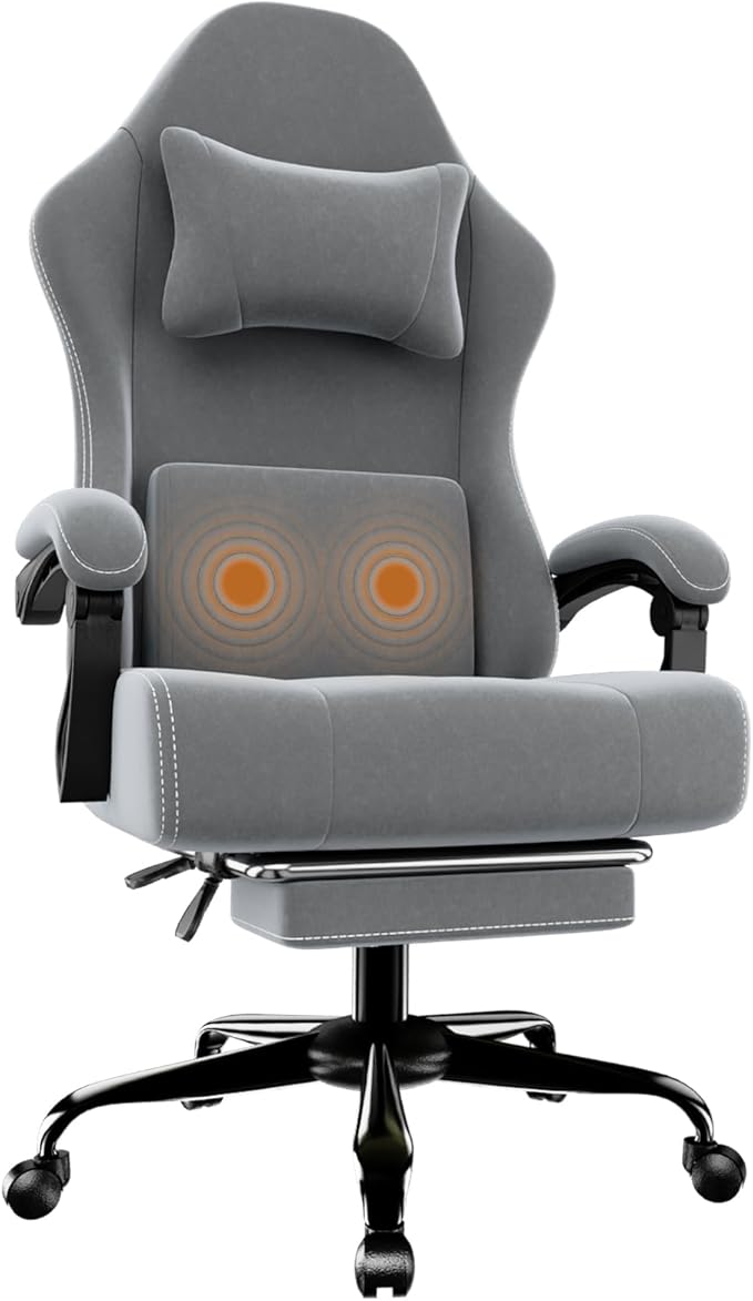 Ergonomic Gaming Chair, Video Game Chair with Massage Lumbar Support and Footrest, Height Adjustable Fabric Computer Chair with Pocket Spring Cushion