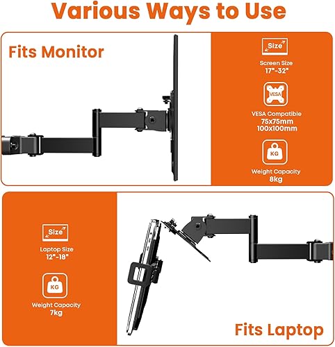 Miniatura 2 de PUTORSEN Bandeja de montaje en poste para laptop, soporte universal de brazo de movimiento completo con placa VESA extraíble de 2.953 in y 3.937 in,