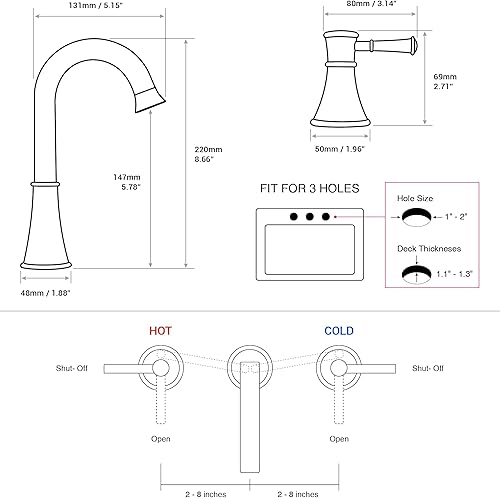 Miniatura 7 de Grifo de baño de latón de 3 agujeros, moderno grifo de tocador de 8 pulgadas, 2 asas, grifo de lavabo de baño generalizado con ensamblaje de drenaje