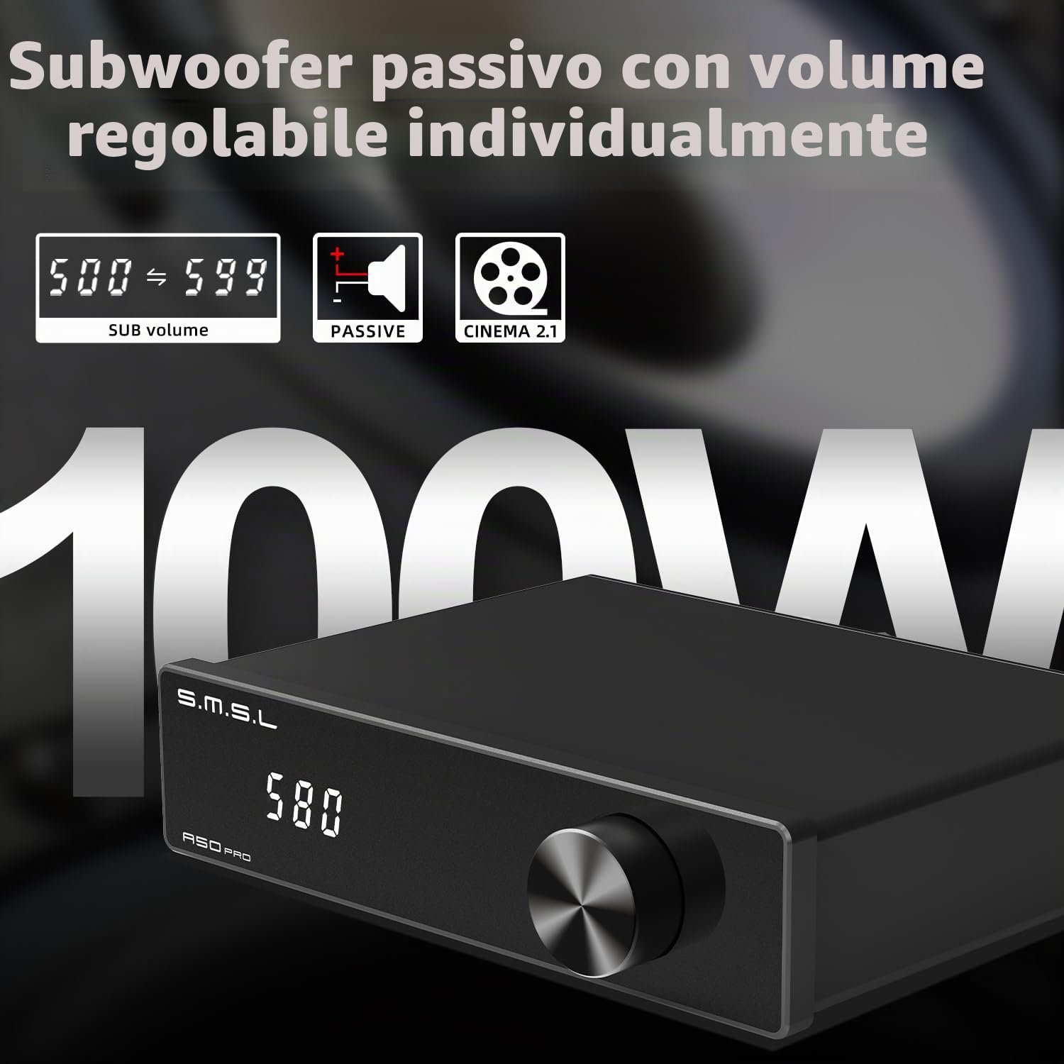 S.M.S.L Amplificatore A50Pro, LPF&HPF, amplificatore audio a 2.1 canali, potenza di uscita bassi 100 W, amplificatore audio stereo HiFi Bluetooth 5.0, supporta HDMI (ARC), subwoofer passivo, chip