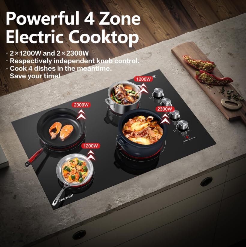 AMZCHEF 30 Inch Electric Cooktop, Built-in with 4 Burners Max 7000W with ETL Safety Certified, 30" Glass Ceramic Cook Top,Knob control, Hot Surface Indicator,220V - 240V Hard Wire, No Plug