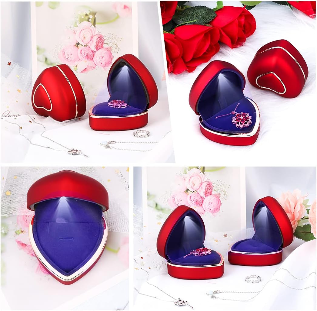 Rolin Roly Pendant Box with LED Light Red Heart Shape Velvet Box Storage Jewelry Boxes Display Necklace Gift Case for Organizer Engagement Anniversaries Weddings - Image 3