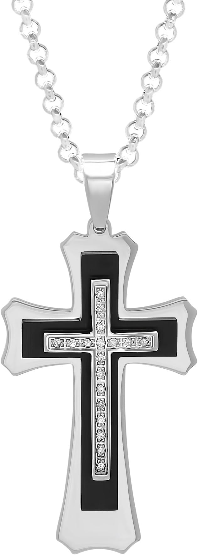 Men’s Stainless Steel 1/6th CTTW Diamond Black Two-Tone Stacked Cross Pendant with Rolo Chain Necklace, 24- inches