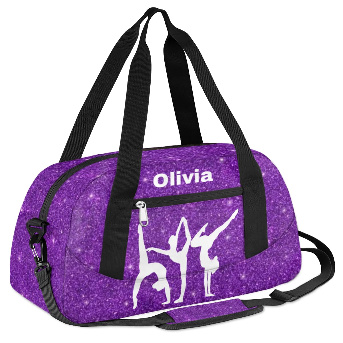 Personalized Kids Duffel Bags for Girls, Personalized Custom Sports Gym Bag, Customized Kids Travel Duffel Bag Girls Dance Bag Weekender Overnight Bag for Kids, Purple Glitter 14