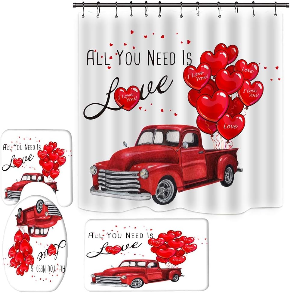 Ochine Happy Valentine's Day Shower Curtain Set Gnomes Shower Curtain Red Heart Trees Gnome with Love Heart Bathroom Decor Set Polyester Waterproof Fabric Bath Curtain with 12 Hooks