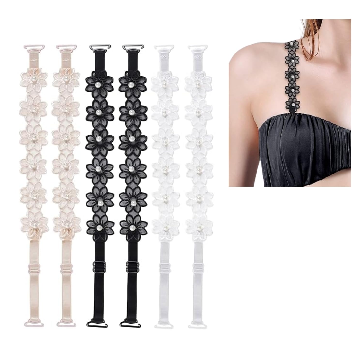 Fancy Bra Straps for Women | Lace Floral Straps with Pearl Detailing, Adjustable Detachable Bra Strap Replacement Accessories for Dresses & Outfits (Set of 3: Black, White, Nude)