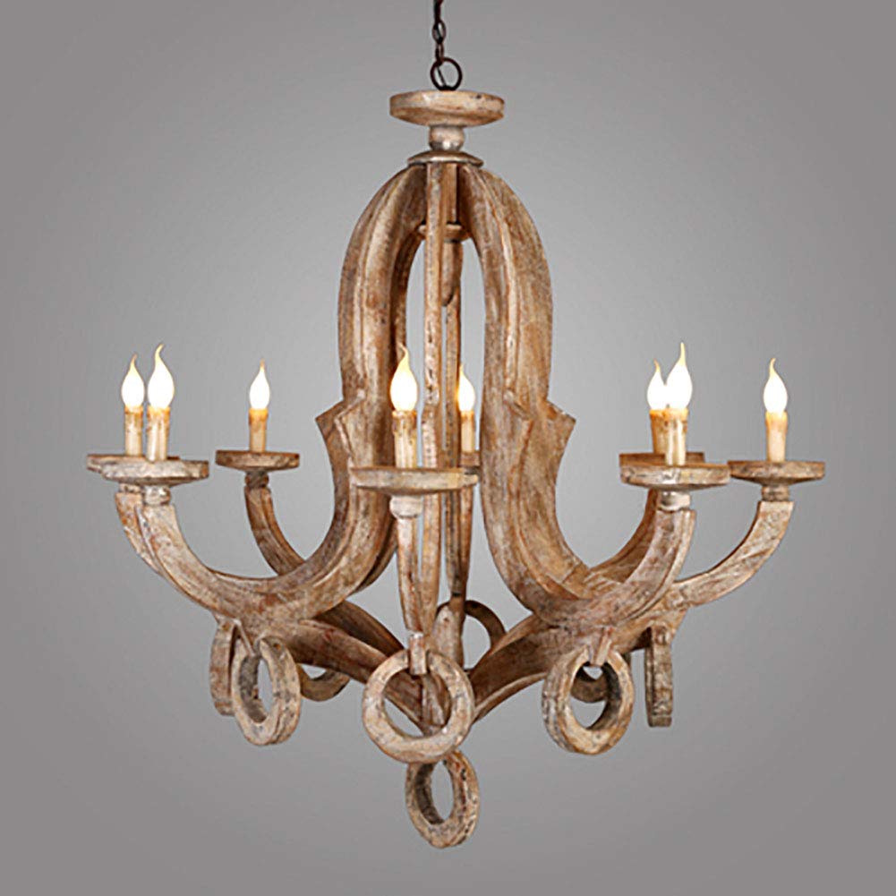 Für Woh,E14 Elegante Shabby Chic Holz Während Lighting Bauernhaus Deckenleuchten Kreative Schnitzerei Holzschnitzerei Kronleuchter,Rustikalen Vintage Einstellbar Kerze Kronleuchter-Retro,Um altes weiß