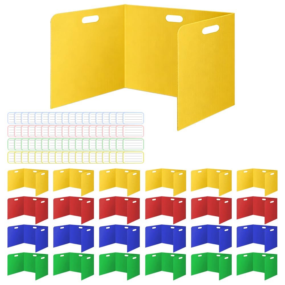 Lot de 24 cloisons de séparation pliables pour bureau avec 72 étiquettes nominatives, portables, multicolores, pare-vue, cloisons étanches, pour l'école, le bureau, la bibliothèque, 42 x 36