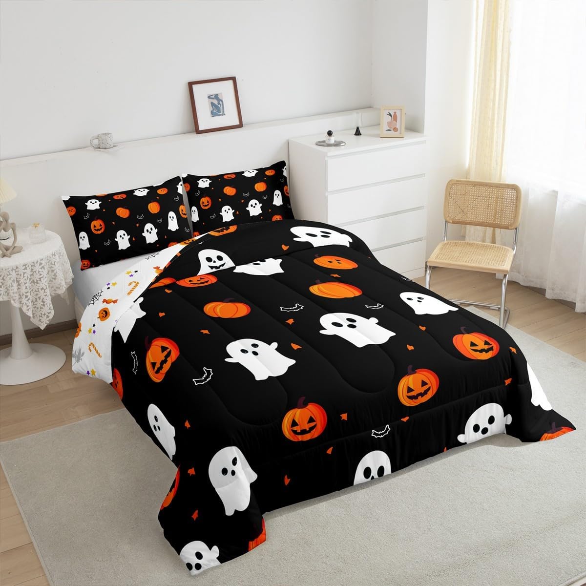 Feelyou Kids Happy Halloween Comforter Set Twin Size Pumpkin Bedding Set Bedroom Decor Ghost Printed Duvet Quilt Breathable Soft Lightweight Microfiber Women Men Duvet Quilt with 1 Pillow Case
