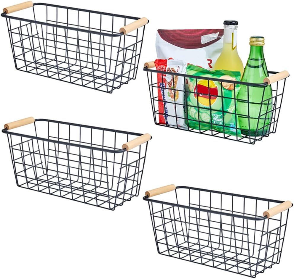Black Metal Hanging Baskets with Handle, Wire Wall Storage Organizer with Hooks, Adhesive baskets for Kitchen, Bathroom, Pantry,Spice Rack, Cabinet Organizer, Shower Caddy 4-Pack