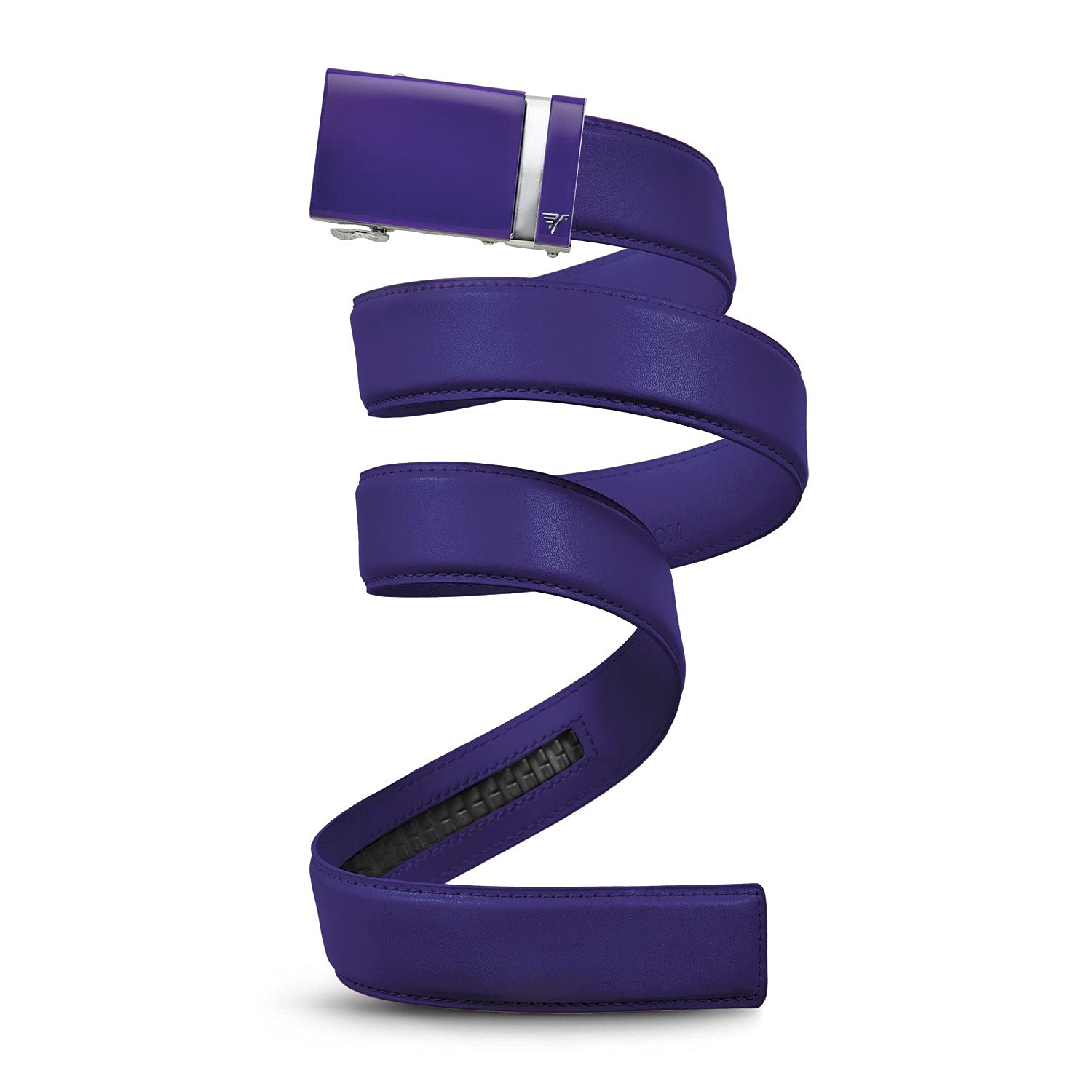 Mission Belt Ratchet Leather Belt for Men - No Holes, 40mm Metal Buckle - Praetorian - Purple Buckle/Purple Leather, Small (28-32)