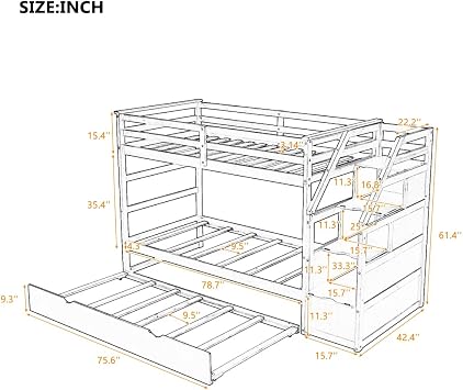 MERITLINE Twin Over Twin Bunk Beds with Trundle and Storage Box, Solid Wood Bunk Bed with Stairs and Storage Case for Teens Adults (Espresso + Solid Wood)