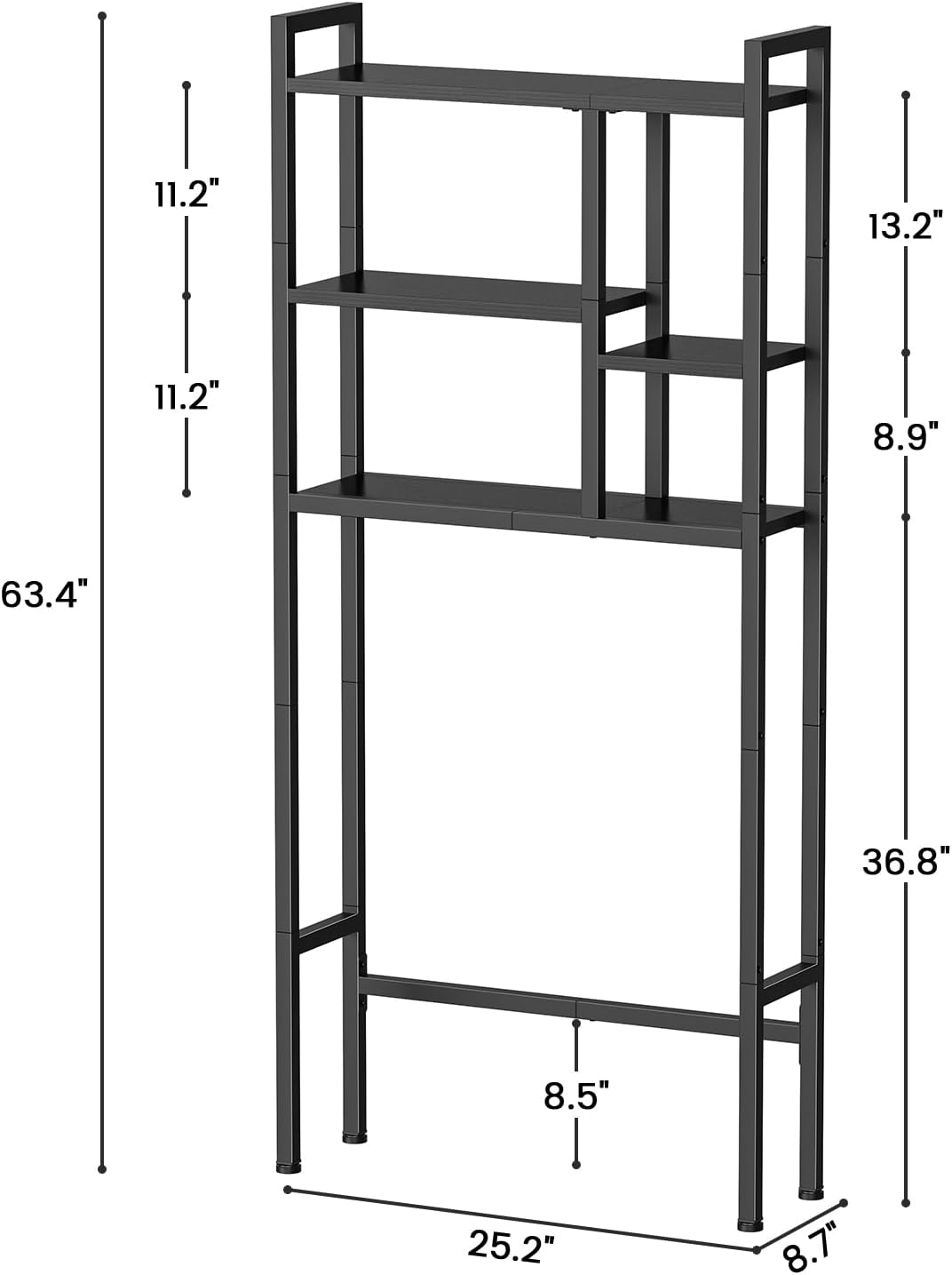 Over The Toilet Storage Rack, 3-Tier Bathroom Organizer Over Toilet, Wooden Above Toilet Storage Shelf, Space Saver, Freestanding Bathroom Storage Metal Shelf, Easy to Assemble, Black