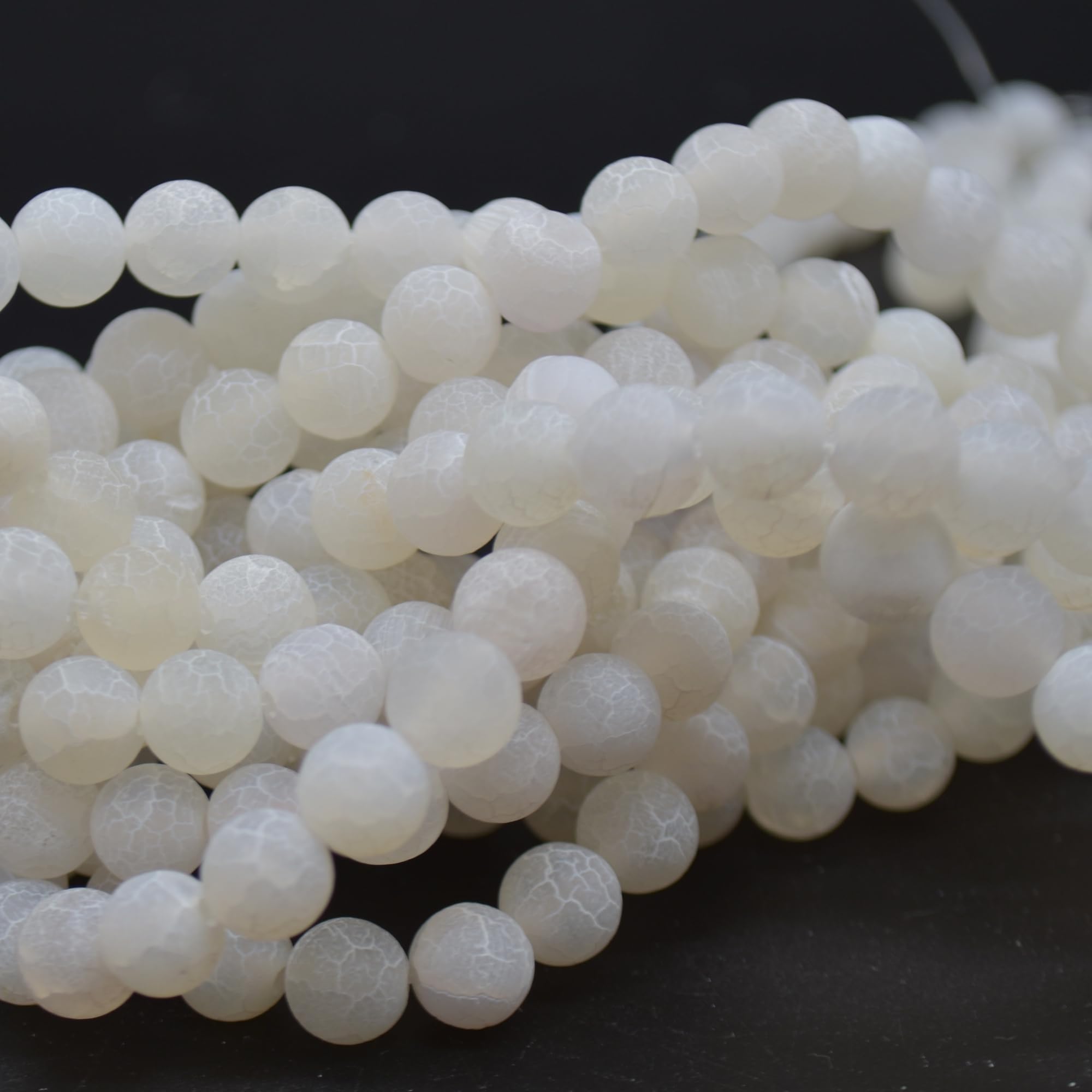 Frosted Matte Crackle White Agate Semi-Precious Gemstone Round Beads - 10mm - 15.5" Strand