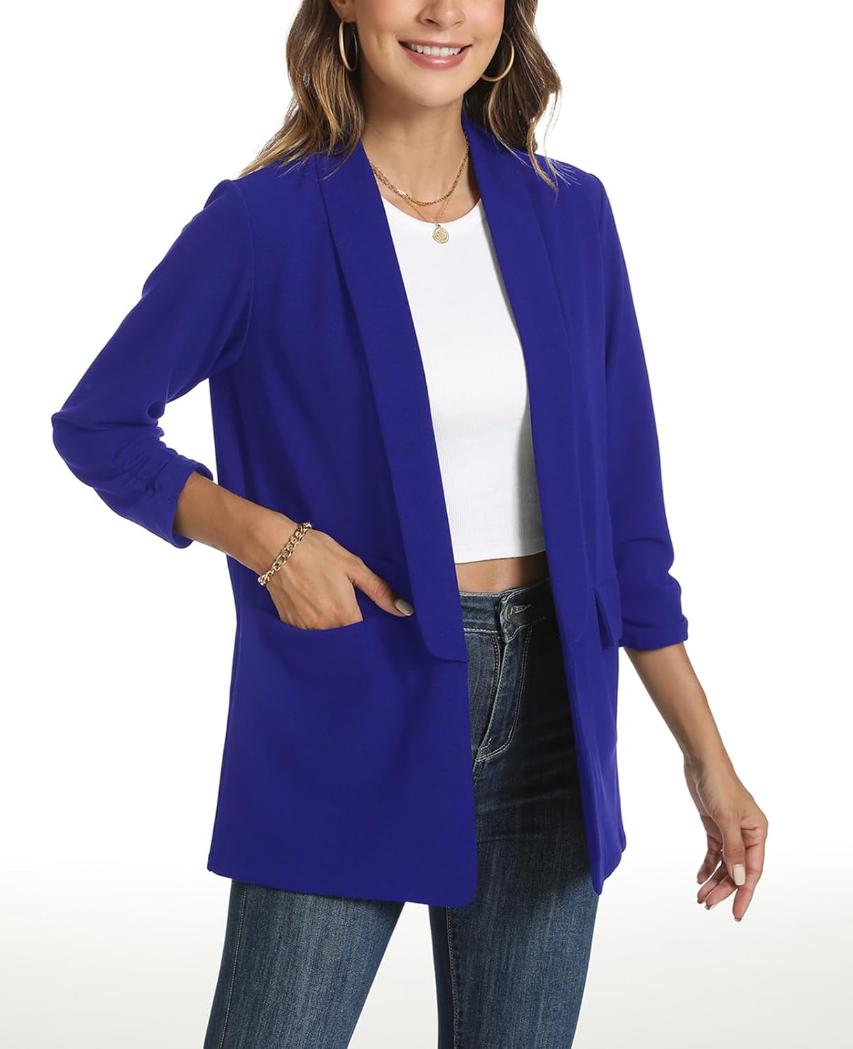 Blazer for Women 3/4 Ruched Sleeve Suit Jacket Open Front Shawl Collar Casual Work Office Blazers with Pockets - Image 4