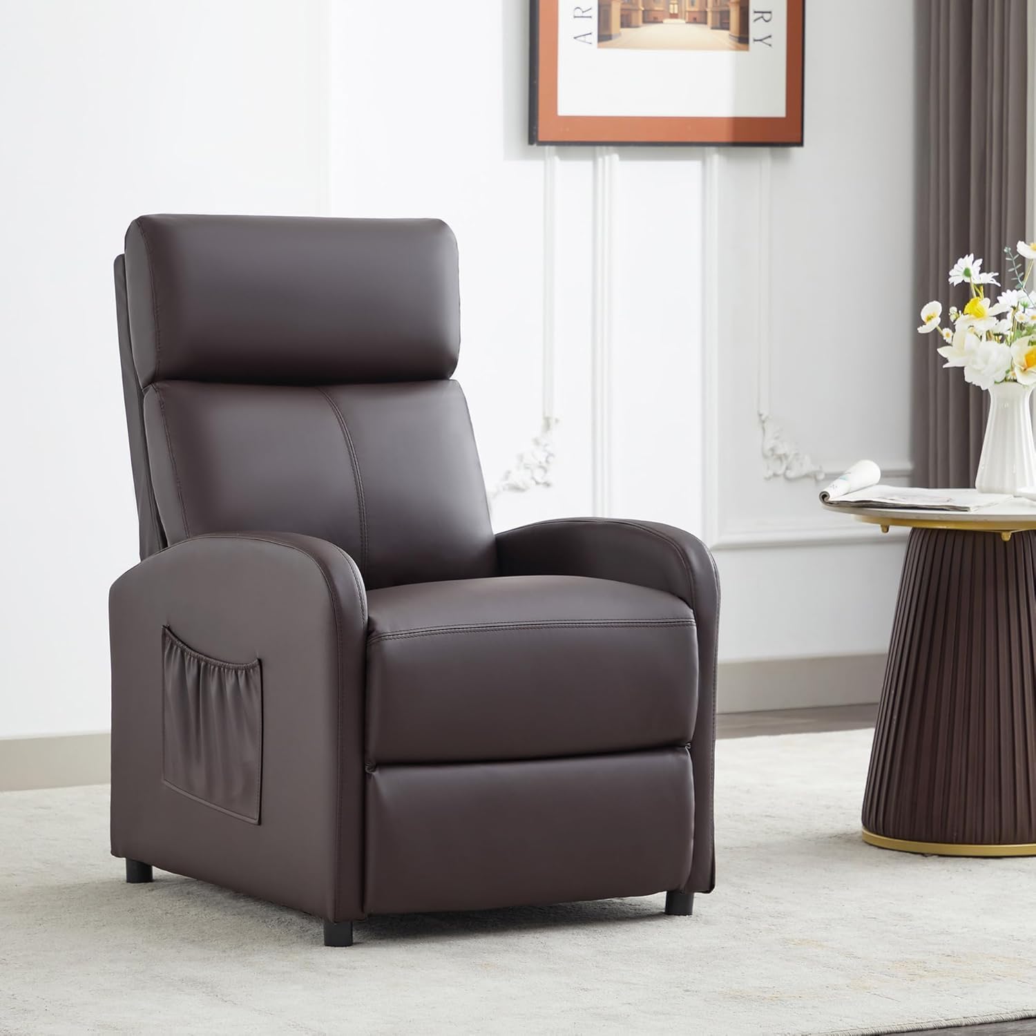 mcc direct Linen Fabric Push Back Recliner, Single Sofa Chair with Lumbar Support, Padded Backrest, Side Pocket & Adjustable Footrest for Living Room & Home Theater (Brown)