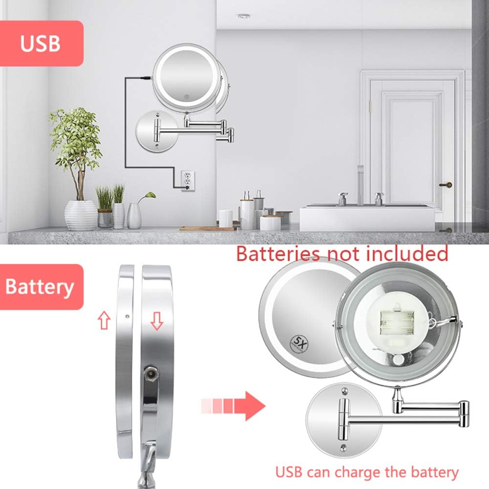 7 inch Wall Mounted Makeup Mirror, 5X Magnifying Vanity Mirror with Lights 360 Degree Rotation Adjustable Extending Folding Bathroom Mirror for Dressing Table, Makeup Room