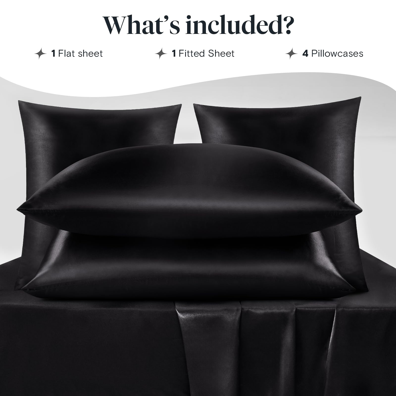 LuxClub Satin Sheets - Soft Satin Queen Size, 6 Pcs Luxury Silky Sheets, Black for Hair & Skin, Women's Gift