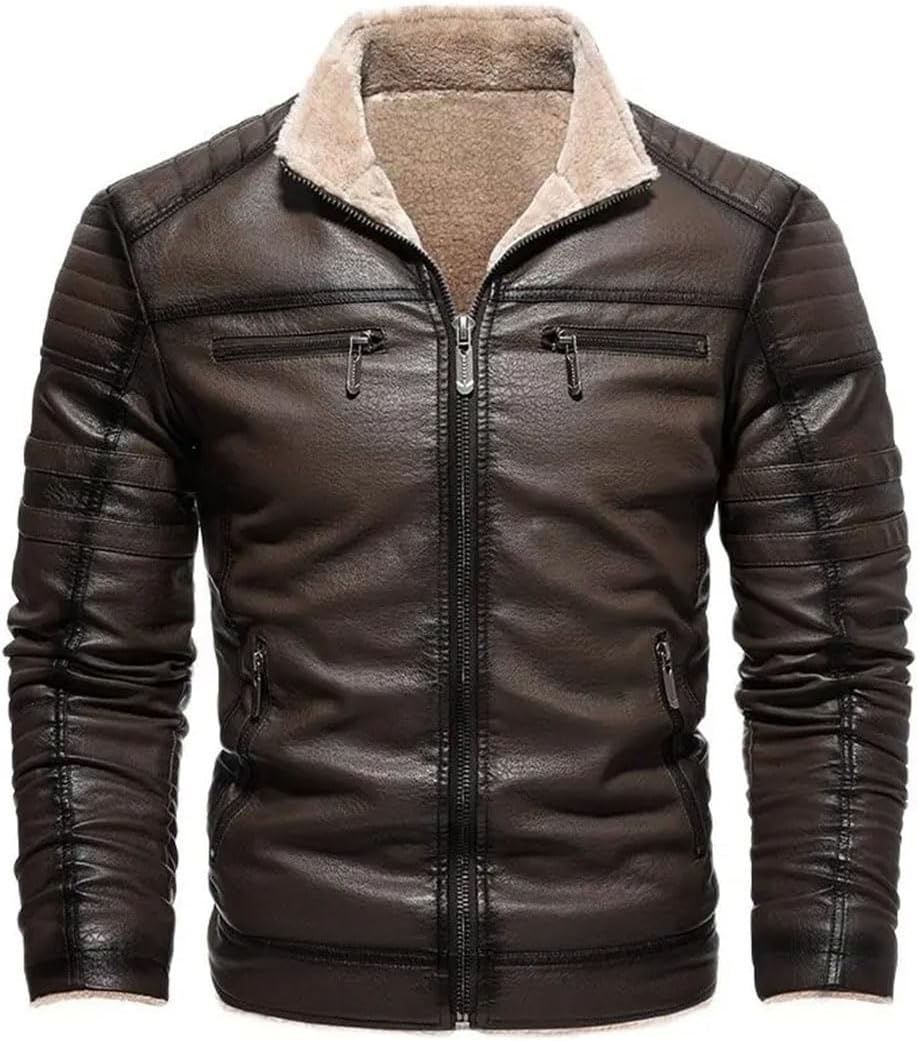 Mens Leather Jackets Autumn Winter Retro Leather Jacket Thickened Faux PU Leather Warm Coat