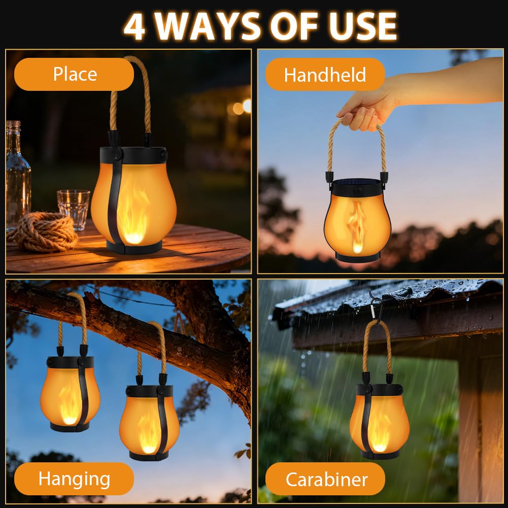 Farolillos Solares llama Exterior, Exterior Retro con Efecto Llama Luces de Camping para Patio/Césped/Pasillo/Jardín/Terraza/Balcón/Porche/Camping, Lámpara Decorativa 2pcs