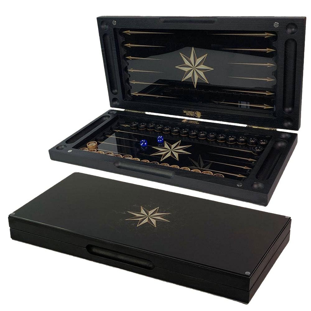 Szlachetna gra w backgammon z drewna – ręcznie wykonany zestaw 50 cm ze szklaną powierzchnią do zabawy z nadrukiem UV – unikalny motyw gwiazdy – łącznie z 30 designerskimi kamieniami do gry i kostkami