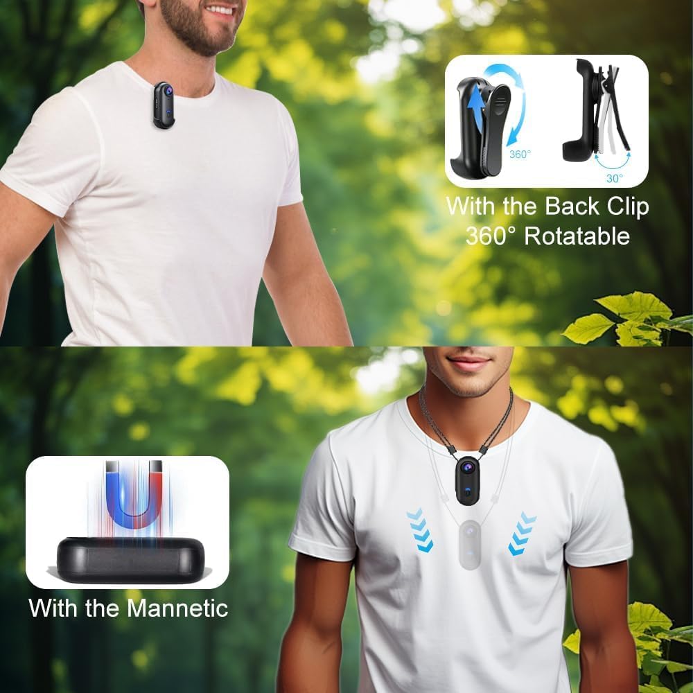 Two images demonstrating mounting options: one showing the camera clipped to a shirt with a 360° rotatable clip, and another showing magnetic attachment to a metallic surface.