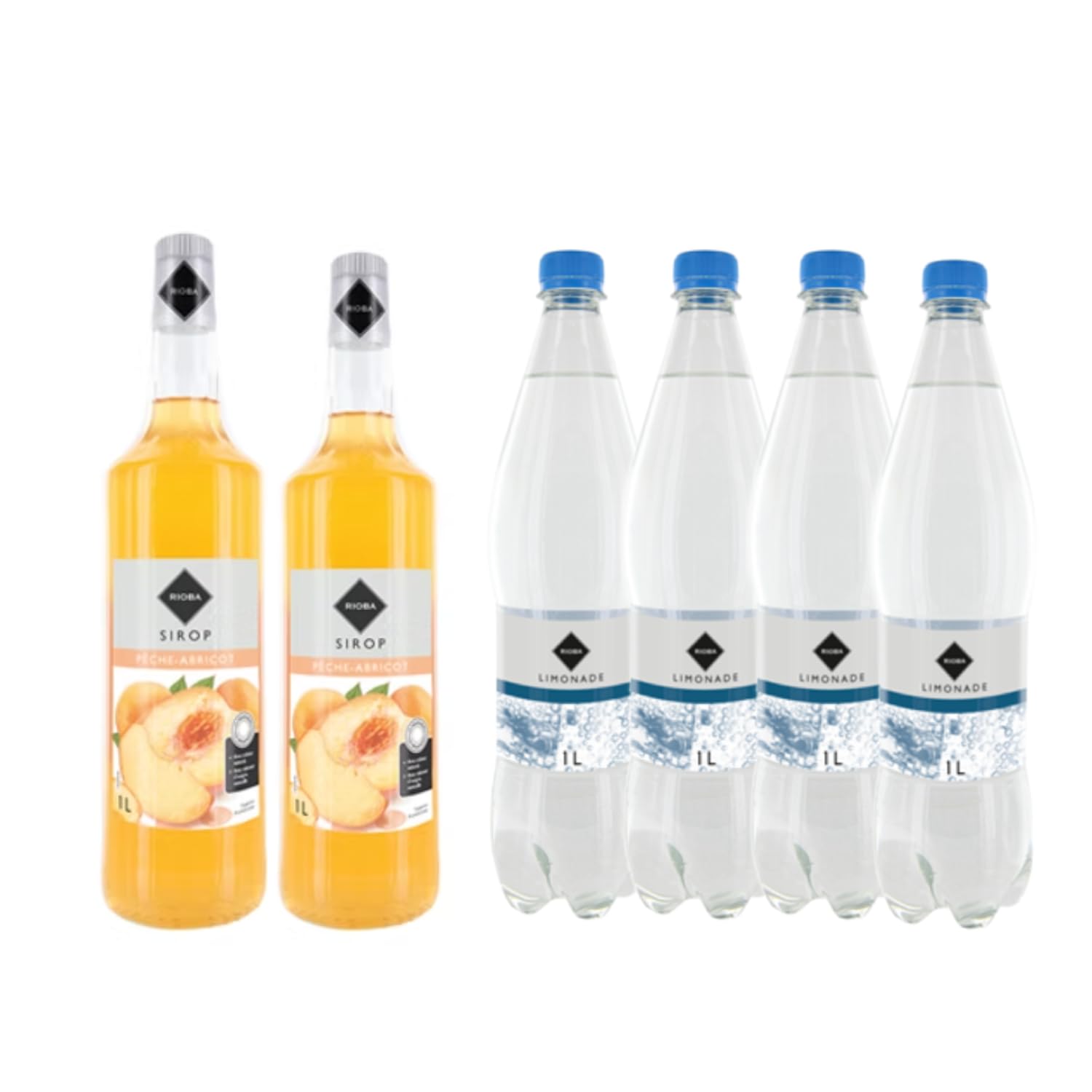 Lot Sirop Rioba & limonade: Sirop Rioba Pêche (2x1L) - Limonade Rioba (4x1L)