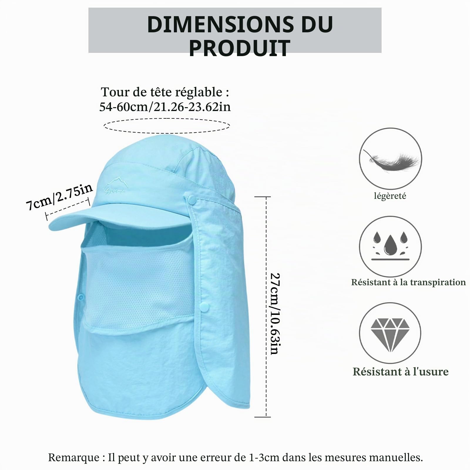 Chapeau de Soleil avec Cou Couverture Faciale Hommes Casquette de Protection Anti-UV Chapeau Trekking Montagne randonnée