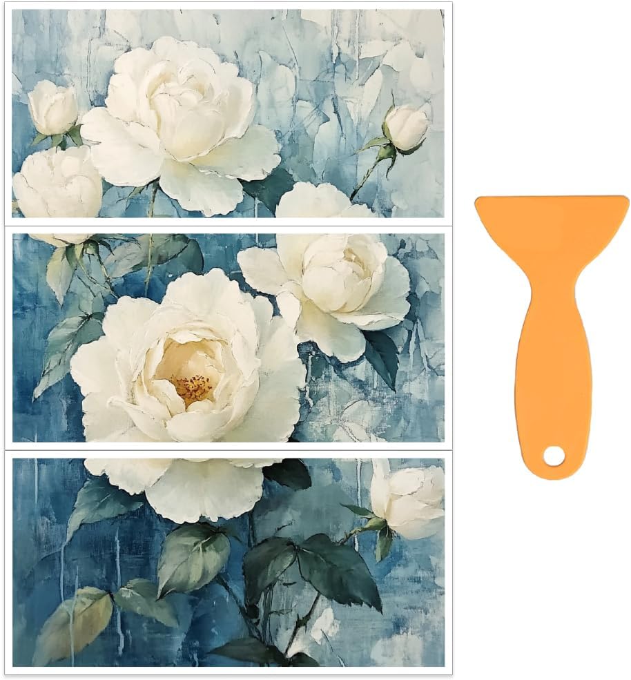 OLYCRAFT 3pcs/Set White Rose Rub on Transfers for Furniture and Crafts 12x6 Inch Flower Furniture Decals Floral Transfer Stickers Rub on Decal with 1pc Scraper for Furnitures Home Decoration