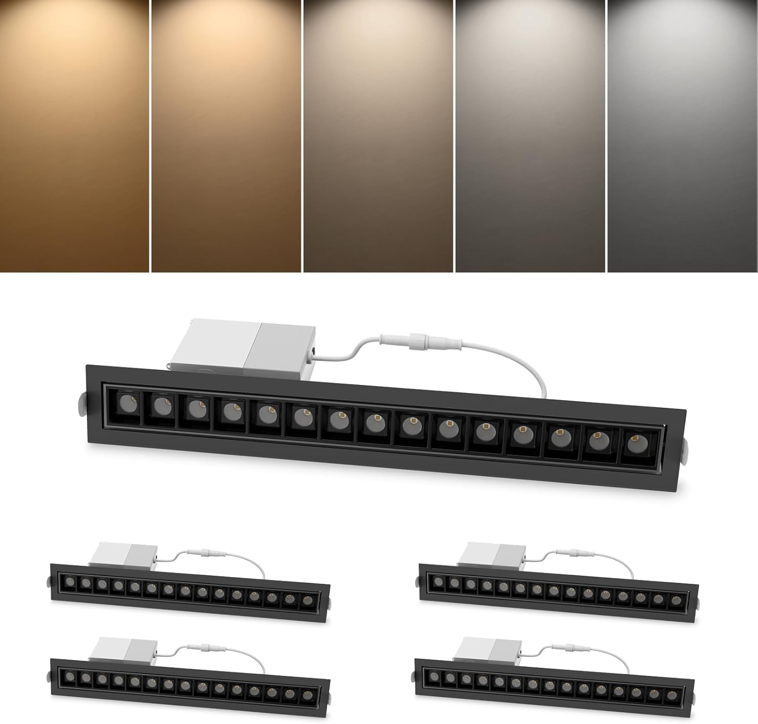 4-Pack 15W Recessed Adjustable Array Spotlight, 5 CCT 3000-6500K Aluminum LED Linear Light, Downlight with Trim, Paired with Driver, TRIAC Dimming for Kitchen, Living Room, Hallway, Office