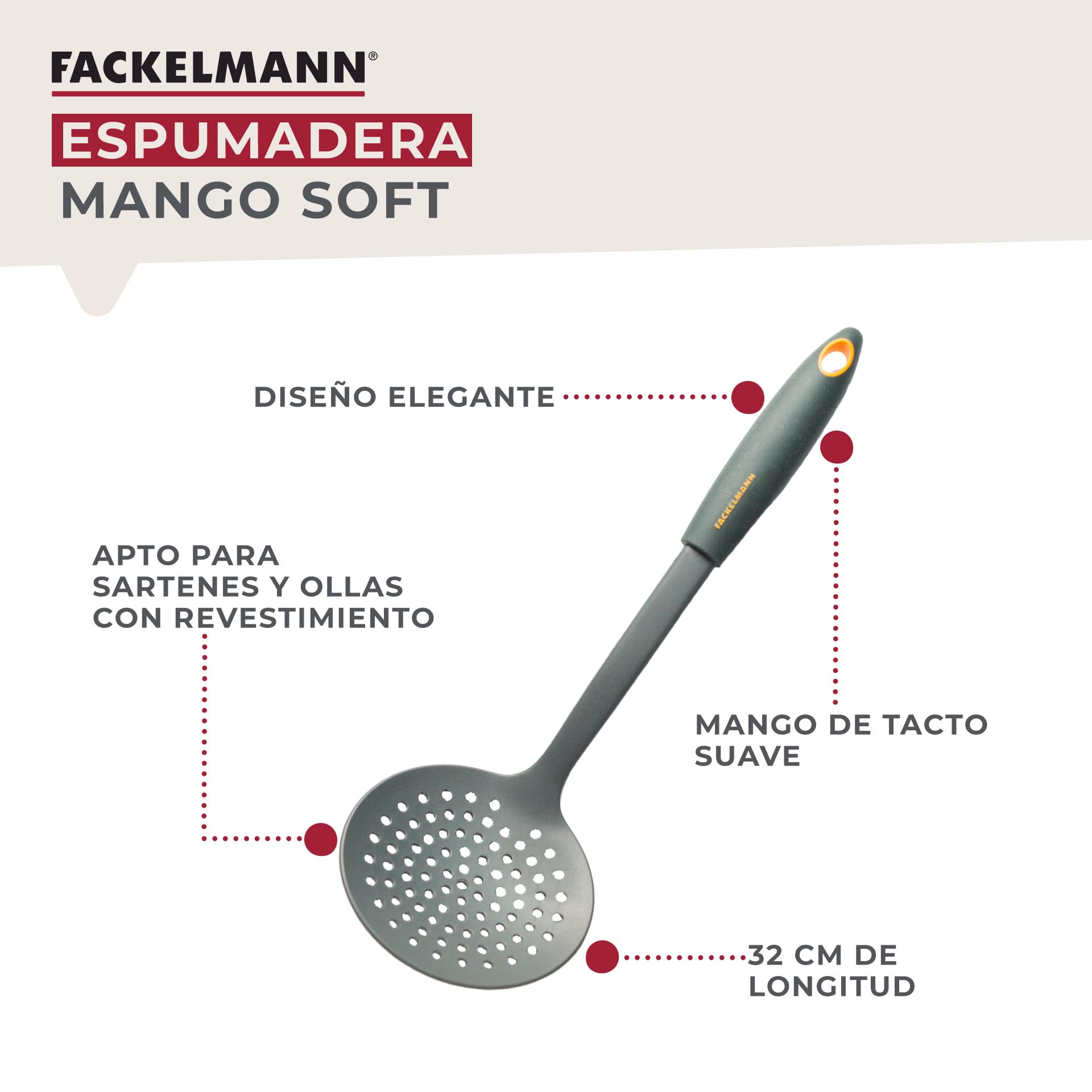 Fackelmann Espumadera Soft de Nylon para Fritos con Mango Antideslizante, Apto para Sartenes y Ollas con Recubrimiento Antiadherente, Color Gris y Naranja, 32X10,5 cm, 1 ud.