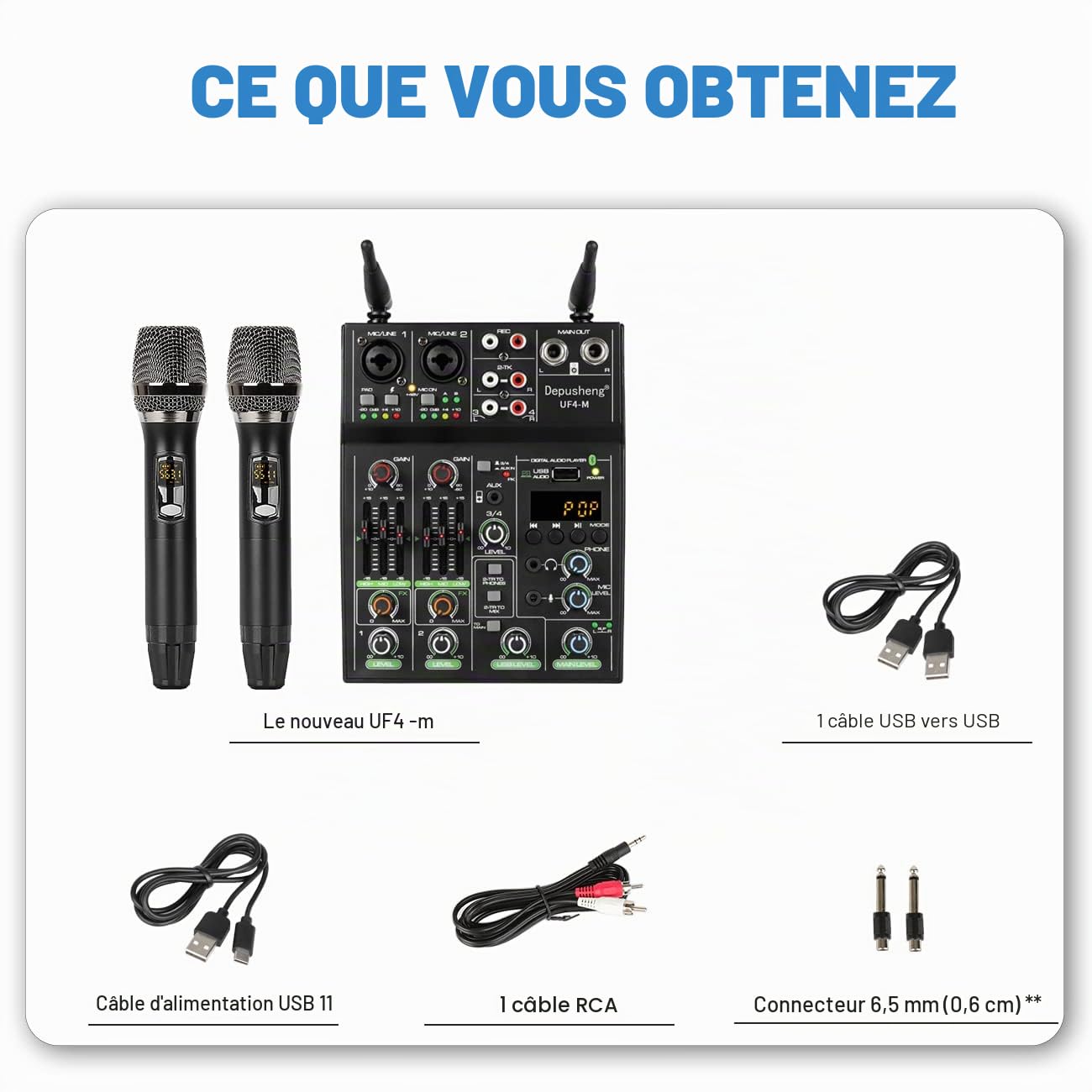 Depusheng UF4-M Table de Mixage Audio Studio - Console de Mixage DJ Numérique 4 Canaux Bluetooth Portable Professionnelle avec Microphone sans Fil