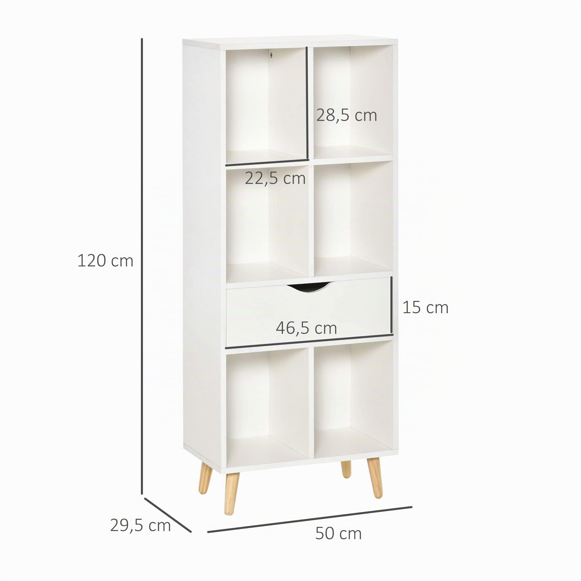 HOMCOM Librería Estantería para Libros con 1 Cajón 50x29,5x120 cm Blanco | Patas de Madera, 6 Compartimentos Abiertos, Almacenaje Plantas Archivos, para Salón Dormitorio Oficina