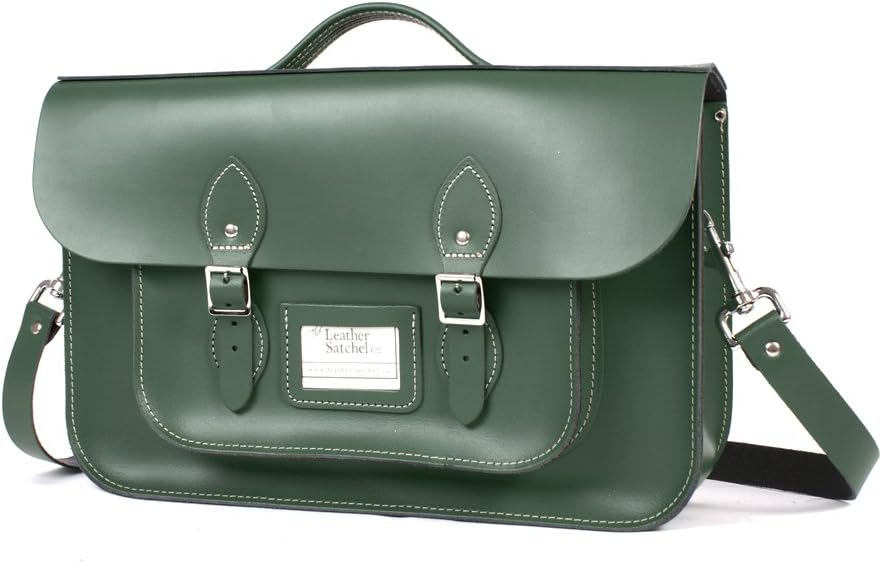 Erkic15" Dark Green Real Leather Briefcase Satchel - Classic Retro Fashion laptop/school bag