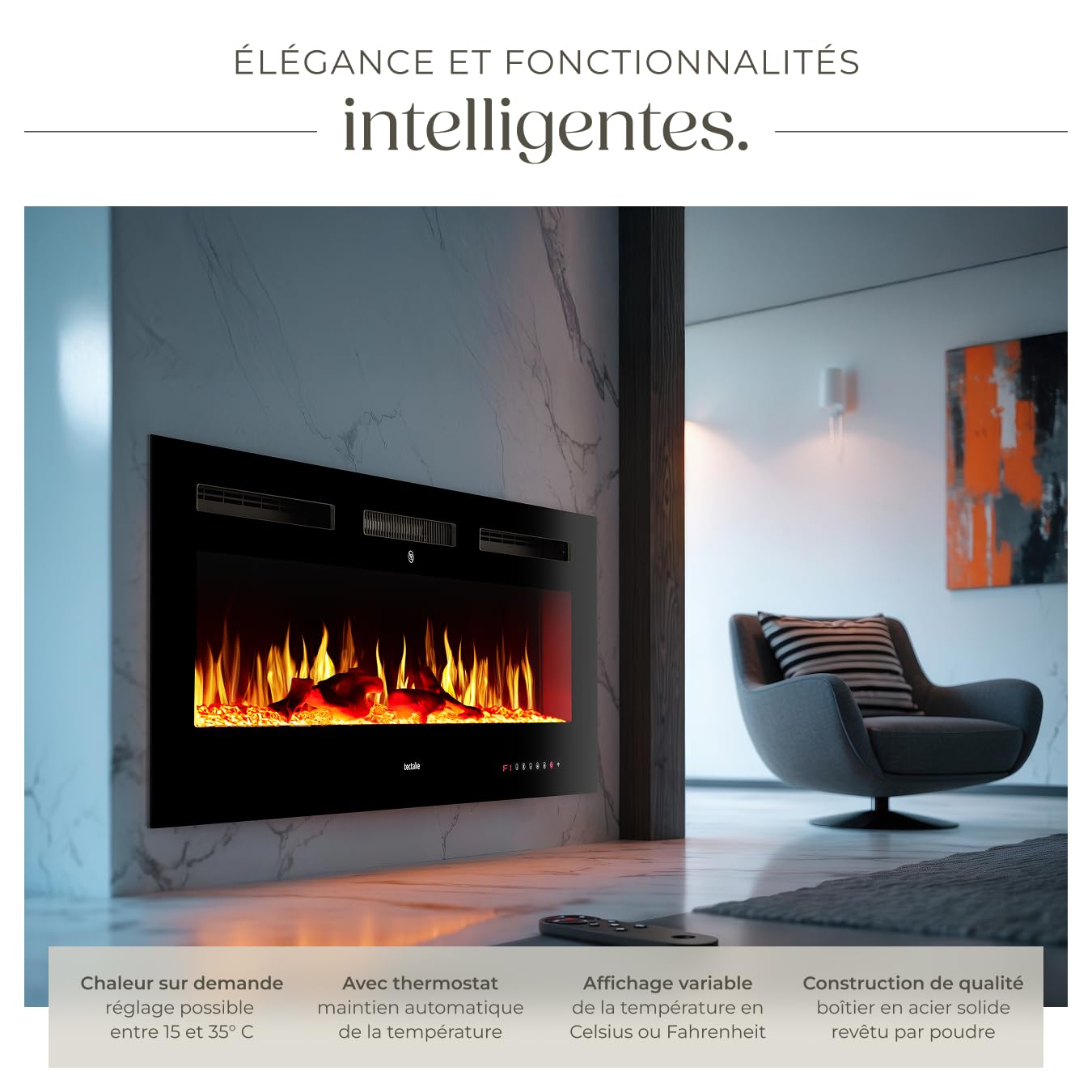 tectake® Cheminée électrique Murale 127 x 12 x 43 cm, 2 Niveaux de Chauffage 900 et 1800W, Cheminee Electrique Effet Flamme 3D, Télécommande, Application Mobile, Panneau Tactile, Cheminée Electrique