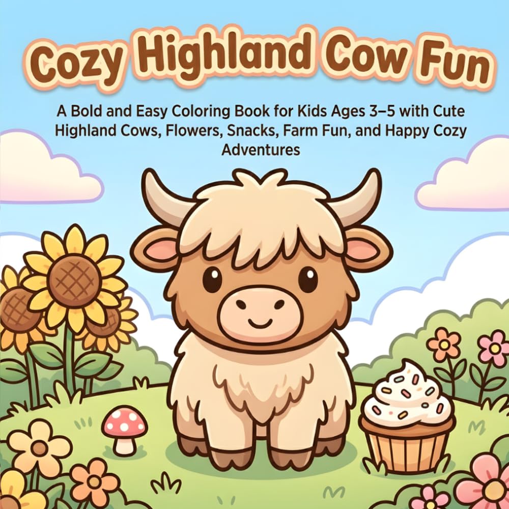Cozy Highland Cow Fun: A Bold and Easy Coloring Book for Kids Ages 3–5 with Cute Highland Cows, Flowers, Snacks, Farm Fun, and Happy Cozy Adventures