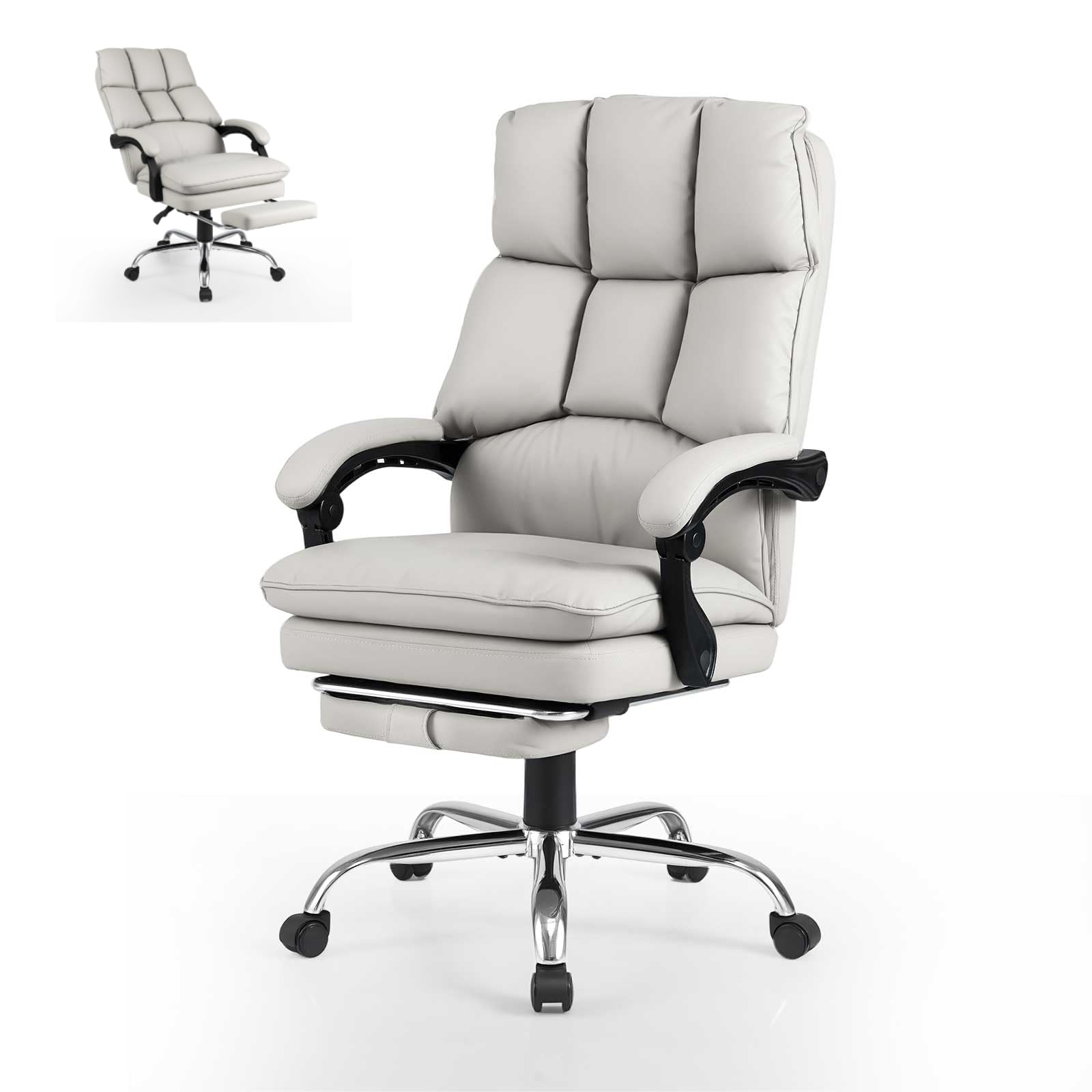 COSTWAY PU Leather Office Chair, Height Adjustable Reclining Computer Desk Chairs with Retractable Footrest and Armrests, Ergonomic Rolling Swivel Executive Chair (White, 70 x 72 x 113-121 cm)