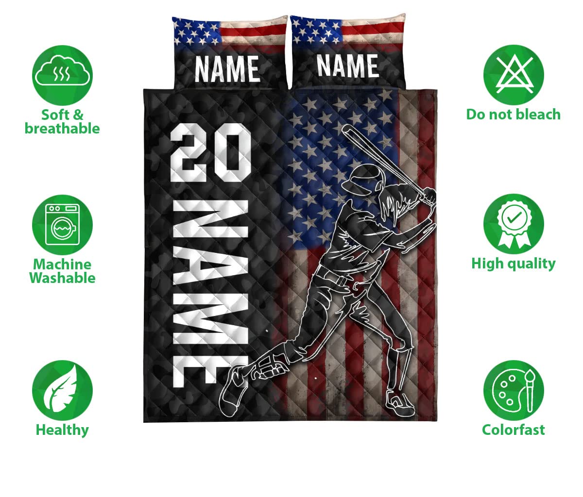 OhaPrints Custom Baseball USA Flag for Son Boy Men Personalized Name Number Quilt Blanket & Pillowcases, Quilts Bedding Set & Pillow Cover, King Queen Double Twin Throw Full Size Bedspread Bed Sets
