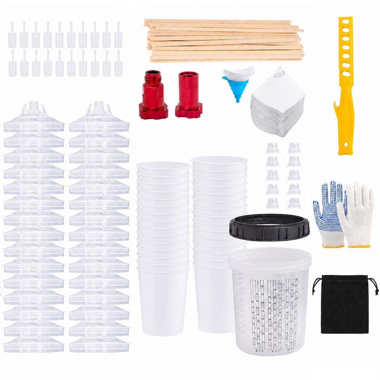 Lackierpistole Becher Set für HVLP- und LVLP-Lackierpistole 600ML Lackmischbecher Kit mit 30 Bechern und Deckeln, 20 Stecker, 10 Verschlussstopfen, Rührstab, Handschuhe und Aufbewahrungsbeutel