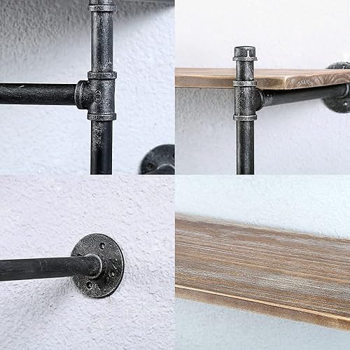 Miniatura 4 de Estante industrial para ropa de tubería montado en la pared con estante de madera real, estante flotante de pared, estante de exhibición rústico al