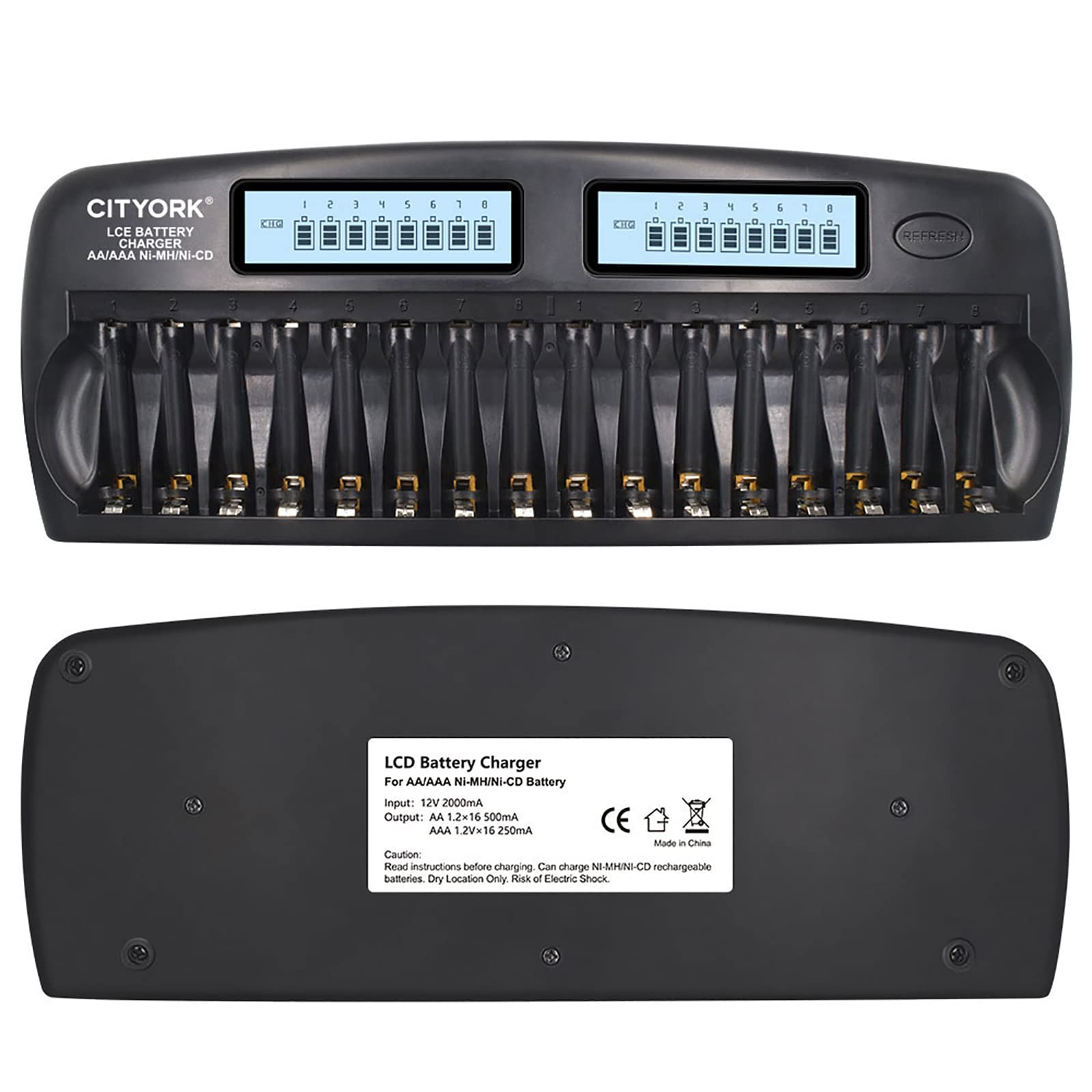 CITYORK Chargeur de batterie intelligent AA/AAA à 16 emplacements, protection IC intégrée pour piles rechargeables AA/AAA NiMH/NiCd avec fonction de décharge et écran LCD